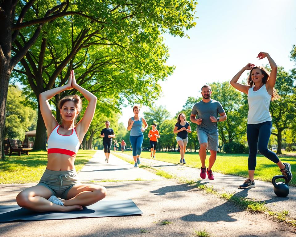 A vibrant outdoor fitness scene showcasing a diverse group of individuals engaged in various exercises in a sunlit park. In the foreground, a woman in comfortable athletic gear performs yoga on a mat, while a man nearby is lifting kettlebells. In the middle ground, a couple is jogging along a scenic pathway lined with trees, and another group is doing calisthenics on a grassy patch. The background features lush greenery and a clear blue sky, with sunlight filtering through the leaves, creating a warm and uplifting atmosphere. Use a wide-angle lens to capture the energetic vibe of the scene, emphasizing movement and camaraderie. The overall mood should be inspiring and motivational, highlighting the benefits of outdoor workouts for fitness goals.