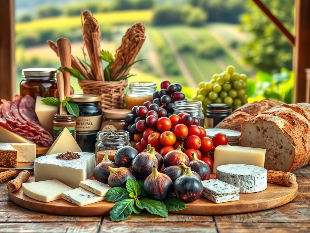 A vibrant still life arrangement of regional specialties, captured in warm, natural lighting. In the foreground, a rustic wooden table showcases an assortment of artisanal cheeses, cured meats, freshly baked bread, and jars of local preserves. In the middle ground, a cluster of ripe seasonal fruits, including juicy figs and grapes, complement the savory elements. The background features a glimpse of a lush, verdant landscape, hinting at the bounty and diversity of the local terroir. The image conveys a sense of homegrown authenticity, celebrating the rich culinary traditions and flavors that make this region unique.