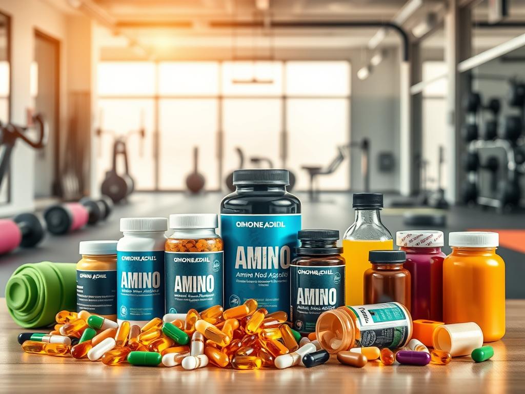 A vibrant still life composition depicting an array of amino acids and nutritional supplements against a backdrop of a dynamic fitness-focused setting. In the foreground, an assortment of essential amino acid capsules, powders, and liquids are arranged artfully, capturing their role in supporting weight loss and fat burning. The middle ground features various exercise equipment such as resistance bands, kettlebells, and yoga mats, hinting at the complementary nature of physical activity. The background showcases a minimalist, well-lit gym interior with sleek, modern equipment, underscoring the synergy between targeted nutrition and an active lifestyle. Warm, natural lighting casts a motivational glow over the scene, inviting the viewer to envision their own fitness journey powered by the strategic use of amino acids. A vibrant still life composition depicting an array of amino acids and nutritional supplements against a backdrop of a dynamic fitness-focused setting. In the foreground, an assortment of essential amino acid capsules, powders, and liquids are arranged artfully, capturing their role in supporting weight loss and fat burning. The middle ground features various exercise equipment such as resistance bands, kettlebells, and yoga mats, hinting at the complementary nature of physical activity. The background showcases a minimalist, well-lit gym interior with sleek, modern equipment, underscoring the synergy between targeted nutrition and an active lifestyle. Warm, natural lighting casts a motivational glow over the scene, inviting the viewer to envision their own fitness journey powered by the strategic use of amino acids.
