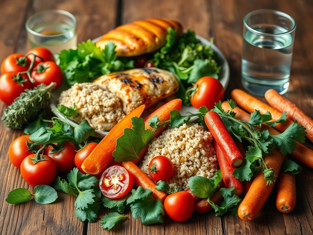 A vibrant still life depicting a balanced and nutritious "diet meal" on a rustic wooden table. In the foreground, an array of fresh, colorful vegetables arranged artfully - juicy tomatoes, crisp greens, crunchy carrots. Behind, a lean protein source like grilled chicken or fish, accompanied by a portion of whole grains such as quinoa or brown rice. Accents of aromatic herbs, a drizzle of olive oil, and a glass of refreshing water complete the scene, creating an inviting, healthy, and visually appetizing composition. Soft, natural lighting illuminates the ingredients, highlighting their vibrant hues and fresh textures. The overall mood is one of wellness, balance, and the joys of mindful, nutritious eating during a diet.