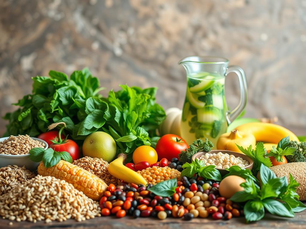 A vibrant still life depicting an assortment of nutritious foods arranged against a natural, earthy backdrop. In the foreground, various whole grains, leafy greens, colorful fruits, and protein-rich legumes are positioned thoughtfully, showcasing the diversity of preventive nutrition. The middle ground features a glass pitcher filled with a refreshing, hydrating beverage, complementing the array of wholesome ingredients. Soft, diffused lighting bathes the scene, creating a serene, inviting atmosphere that emphasizes the nourishing and preventative qualities of the displayed items. The overall composition conveys a sense of balance, abundance, and a celebration of the key nutrients essential for maintaining optimal health.