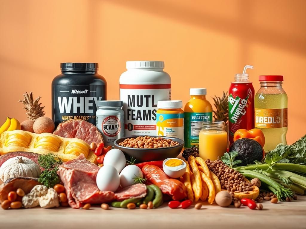 A vibrant still life depicting the key elements of muscle recovery nutrition. In the foreground, an array of protein-rich foods such as lean meats, eggs, and legumes, arranged with care. In the middle ground, various supplements like whey powder, BCAAs, and electrolyte-rich drinks, symbolizing the importance of strategic nutrient timing. The background features a minimalist, warm-toned setting, with soft, directional lighting highlighting the textures and colors of the subjects. The overall composition conveys a sense of balance, emphasizing the synergy between a well-designed diet and optimal muscle regeneration. A vibrant still life depicting the key elements of muscle recovery nutrition. In the foreground, an array of protein-rich foods such as lean meats, eggs, and legumes, arranged with care. In the middle ground, various supplements like whey powder, BCAAs, and electrolyte-rich drinks, symbolizing the importance of strategic nutrient timing. The background features a minimalist, warm-toned setting, with soft, directional lighting highlighting the textures and colors of the subjects. The overall composition conveys a sense of balance, emphasizing the synergy between a well-designed diet and optimal muscle regeneration.