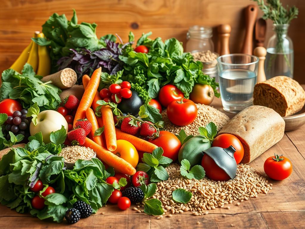 A vibrant still life featuring an array of fresh, seasonal produce on a rustic wooden table. In the foreground, an assortment of colorful fruits and vegetables including leafy greens, juicy berries, crisp carrots, and plump tomatoes. The middle ground showcases a variety of whole grains, such as quinoa, brown rice, and whole wheat bread, symbolizing the importance of complex carbohydrates in a preventive diet. In the background, a glass of pure, clear water and a variety of herbs and spices, highlighting the role of hydration and flavorful seasonings in promoting overall health. Warm, natural lighting illuminates the scene, creating a welcoming and appetizing atmosphere. The composition conveys the principles of a preventive, nutrient-dense diet focused on whole, unprocessed foods.