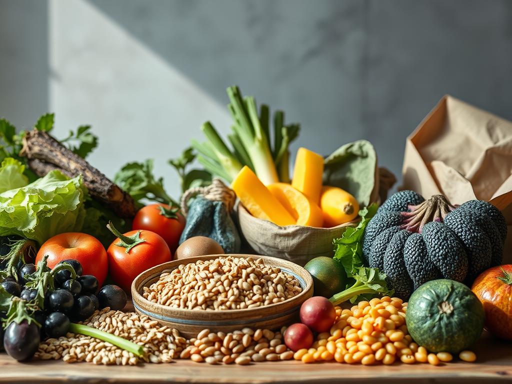 A vibrant still life scene showcasing an array of nourishing whole foods - crisp vegetables, ripe fruits, whole grains, and hearty legumes. Soft natural lighting bathes the scene, highlighting the rich colors and textures. The composition is balanced and inviting, with the subjects arranged in an aesthetically pleasing manner that captures the idea of "Lebensmittel Wohlbefinden" - the harmony and well-being that comes from mindful, healthy eating. The image exudes a sense of simplicity, wholesomeness, and culinary delight, perfectly aligning with the article's theme of "Gesunde Ernährung leicht gemacht".