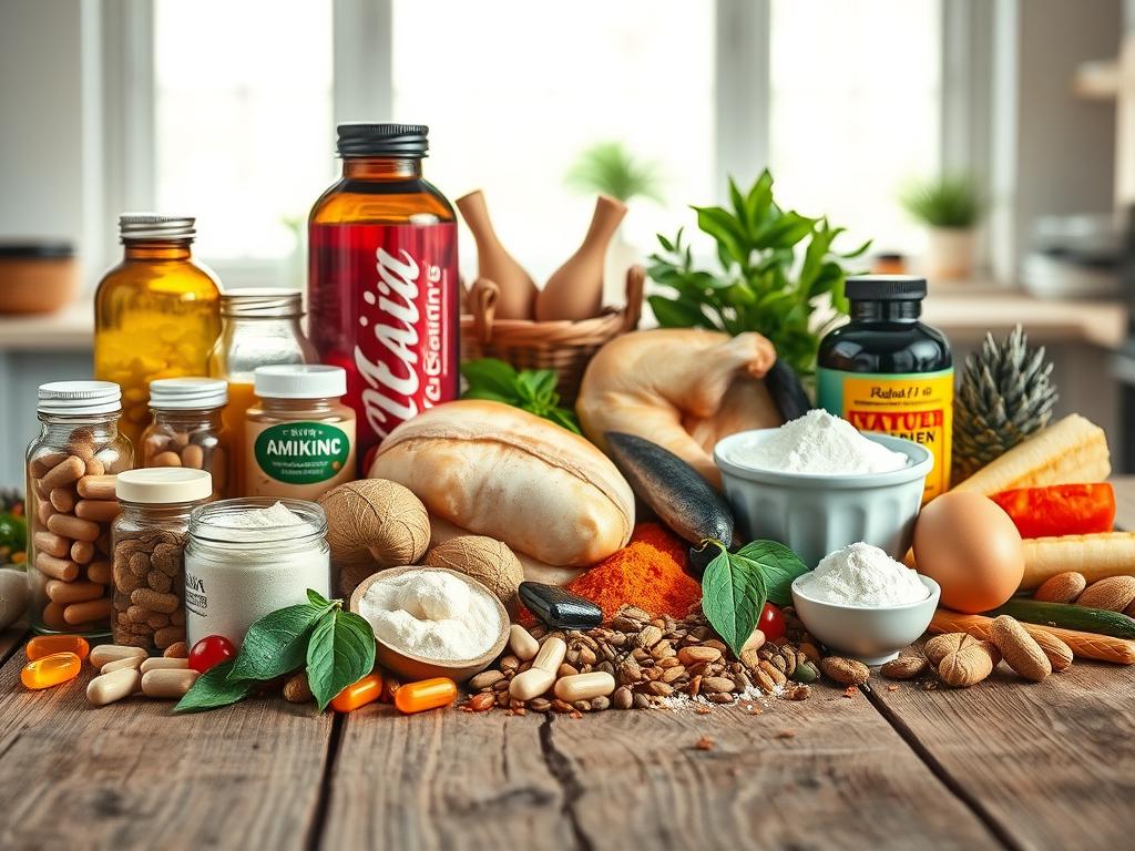 A vibrant still life showcasing a variety of essential amino acids, artfully arranged on a rustic wooden table. The foreground features an array of supplements in glass bottles, capsules, and powders, while the middle ground displays various high-protein foods like chicken, fish, eggs, and legumes. The background is softly blurred, hinting at a minimalist kitchen interior with natural light streaming in through large windows. The overall composition conveys a sense of balance, health, and the integration of amino acids into a balanced diet for weight management. A vibrant still life showcasing a variety of essential amino acids, artfully arranged on a rustic wooden table. The foreground features an array of supplements in glass bottles, capsules, and powders, while the middle ground displays various high-protein foods like chicken, fish, eggs, and legumes. The background is softly blurred, hinting at a minimalist kitchen interior with natural light streaming in through large windows. The overall composition conveys a sense of balance, health, and the integration of amino acids into a balanced diet for weight management.