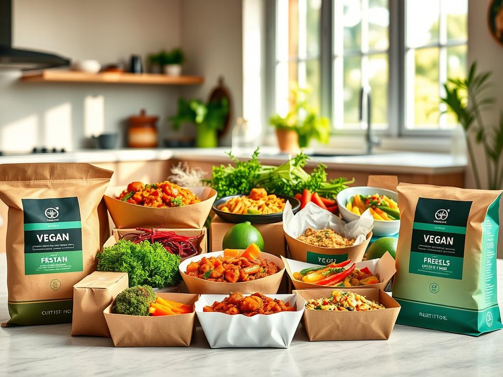A vibrant still life showcasing an assortment of high-quality vegan ready meals. In the foreground, a variety of sleek, minimalist packaging in earthy tones, each revealing the fresh, vibrant contents within. In the middle ground, a selection of steaming, artfully arranged dishes - hearty plant-based stews, flavorful stir-fries, and colorful vegetable medleys. The background features a clean, modern kitchen setting, with natural light filtering in through large windows, casting a warm, soft glow across the scene. The overall atmosphere conveys a sense of healthy indulgence and culinary sophistication, reflecting the diverse and appetizing nature of today's premium vegan convenience foods.