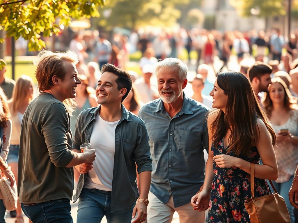 A vibrant, sun-dappled scene of people engaged in lively social interactions. In the foreground, a group of friends laughing and conversing animatedly, their body language exuding warmth and connection. In the middle ground, a couple strolling hand-in-hand, their faces alight with joy. In the background, a bustling park or town square, with strangers mingling, exchanging smiles and casual greetings. The lighting is soft and natural, casting a golden glow that enhances the sense of well-being and vitality. The composition is balanced, with a harmonious blend of colors and a strong sense of depth, drawing the viewer into the moment. Overall, the image conveys the importance of social relationships and their positive impact on health and wellness.