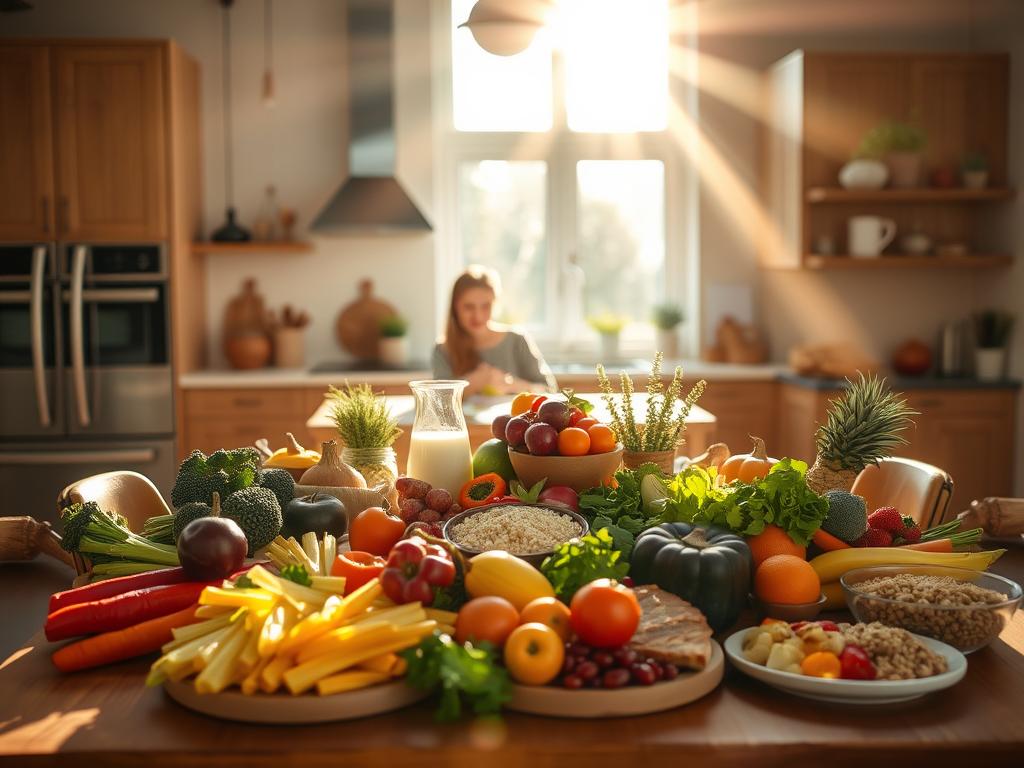 A vibrant, sun-drenched kitchen scene showcasing a well-balanced, colorful meal. In the foreground, a wooden table is set with a variety of fresh, whole foods - crisp vegetables, juicy fruits, hearty grains, and lean proteins. Rays of warm light stream in through large windows, casting a soft glow over the scene. In the middle ground, a person sits at the table, engaged in a relaxed conversation, embodying the joy and contentment of a nourishing, mindful dining experience. The background features sleek, modern kitchen appliances and decor, creating a harmonious, inviting atmosphere that celebrates the role of balanced nutrition in supporting a healthy, fulfilling lifestyle.