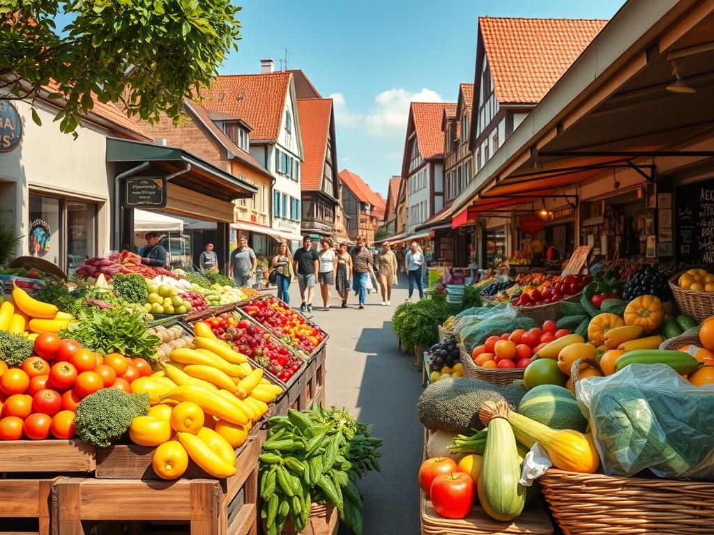 A vibrant, sun-drenched scene of a well-stocked produce market in Lingen, Germany. In the foreground, a variety of fresh, locally-grown fruits and vegetables are artfully displayed on wooden crates and woven baskets, their vibrant colors and textures inviting closer inspection. In the middle ground, shoppers stroll leisurely among the stalls, selecting the finest ingredients for their meals. The background features the charming architecture of the historic town center, with its red-tiled roofs and half-timbered facades bathed in warm, golden light. An atmosphere of health, community, and culinary delight pervades the scene, capturing the essence of "Gesund essen im Alltag" in Lingen.