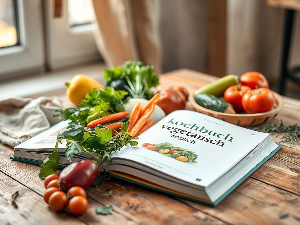 A vibrant vegetarian cookbook lays open on a rustic wooden table, showcasing an array of fresh, colorful ingredients. Soft, natural lighting filters through a nearby window, casting a warm glow over the scene. In the foreground, a selection of vegetables, herbs, and spices are neatly arranged, hinting at the flavorful recipes within. The middle ground features the book's cover, with a minimalist design and an appealing title, "Kochbuch vegetarisch schnell." The background subtly blends natural textures, such as a linen cloth and the wooden surface, creating a cozy, inviting atmosphere. This image perfectly captures the essence of quick and easy vegetarian cooking for everyday life. A vibrant vegetarian cookbook lays open on a rustic wooden table, showcasing an array of fresh, colorful ingredients. Soft, natural lighting filters through a nearby window, casting a warm glow over the scene. In the foreground, a selection of vegetables, herbs, and spices are neatly arranged, hinting at the flavorful recipes within. The middle ground features the book's cover, with a minimalist design and an appealing title, "Kochbuch vegetarisch schnell." The background subtly blends natural textures, such as a linen cloth and the wooden surface, creating a cozy, inviting atmosphere. This image perfectly captures the essence of quick and easy vegetarian cooking for everyday life.