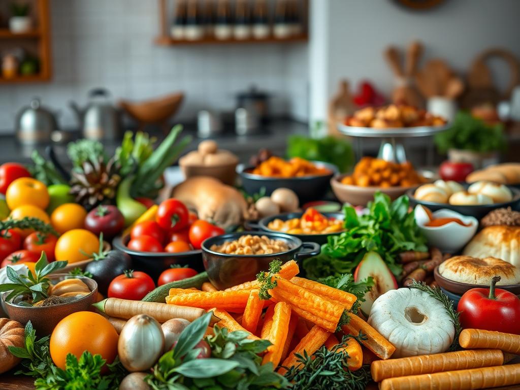 A vibrant, visually compelling still life showcasing a diverse array of food items that represent the wide-ranging "category of food". In the foreground, an assortment of fresh produce such as fruits, vegetables, and herbs in rich, saturated colors, arranged in a natural, unstructured composition. In the middle ground, various prepared dishes, from warm, rustic stews to delicate pastries, presented in an elegant, appetizing manner. In the background, a softly blurred kitchen or dining setting, suggesting the culinary context. The lighting is natural and evenly diffused, creating a warm, inviting atmosphere. The camera angle is slightly elevated, allowing the viewer to take in the full breadth of the scene. Overall, the image conveys a sense of abundance, diversity, and the pleasure of discovering the wonders within the broad "category of food".