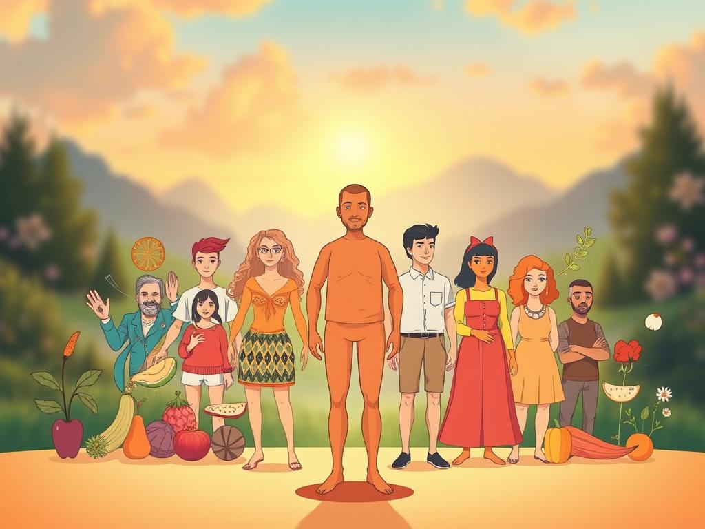 A visually striking illustration of the different nutrition types, captured in a stylized, semi-realistic manner. A central figure, representing the core concept of "Ernährungstypen," stands in the foreground, surrounded by a diverse array of vibrant, symbolic elements. In the middle ground, various dietary archetypes are depicted through detailed, expressive character renderings, each conveying unique personality traits and lifestyle choices. The background features a softly blurred, ethereal landscape, evoking a sense of introspection and self-discovery. Warm, harmonious lighting casts a thoughtful glow over the entire scene, inviting the viewer to explore the nuances of nutritional individuality. The overall composition and color palette evoke a sense of balance, insight, and the importance of understanding one's unique dietary needs and preferences.