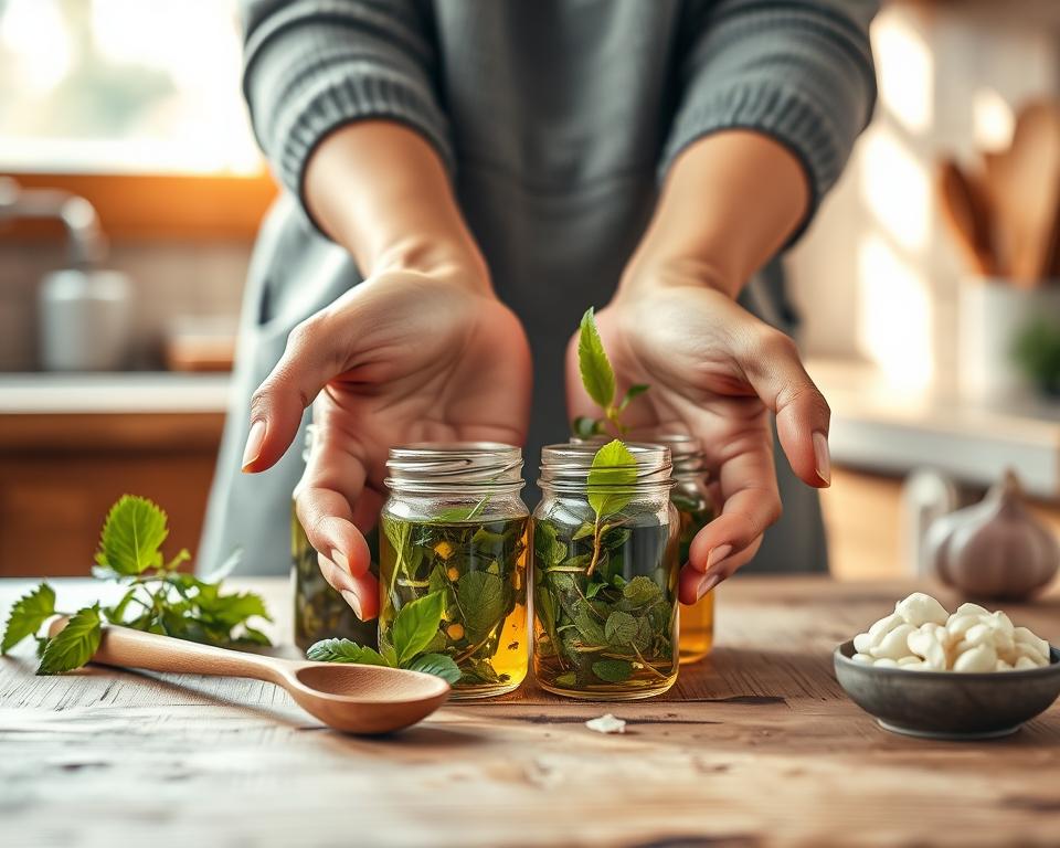 A warm and inviting scene depicting a pair of hands gently cradling natural remedies for rheumatism, such as herbal concoctions and soothing oils. In the foreground, the hands are positioned carefully around small glass jars filled with vibrant herbs, alongside a wooden spoon and fresh leaves. The middle ground reveals a softly lit kitchen setting with a rustic wooden countertop and a small bowl of crushed garlic, symbolizing natural healing. The background features a softly blurred window with gentle sunlight streaming in, casting a warm glow over the scene. The overall mood is calm and healing, evoking a sense of comfort and hope for those experiencing the effects of rheumatism.