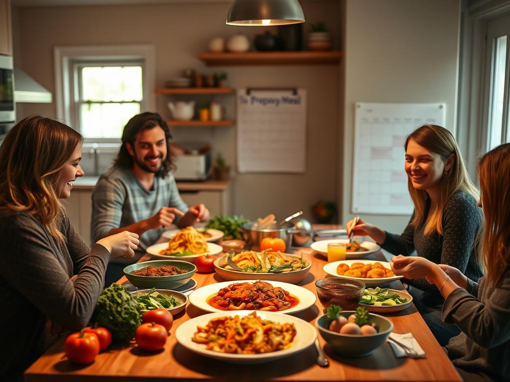 A warm, inviting kitchen scene with a group of friends gathered around a table, sharing a meal prepared with the help of the prepmymeal service. The focal point is a delicious, artfully plated dish, surrounded by fresh ingredients and cooking utensils. Soft, natural lighting illuminates the scene, creating a cozy, convivial atmosphere. In the background, a calendar or whiteboard displays positive feedback and ratings from satisfied prepmymeal users. The overall impression is one of satisfaction, community, and a successful meal planning experience.
