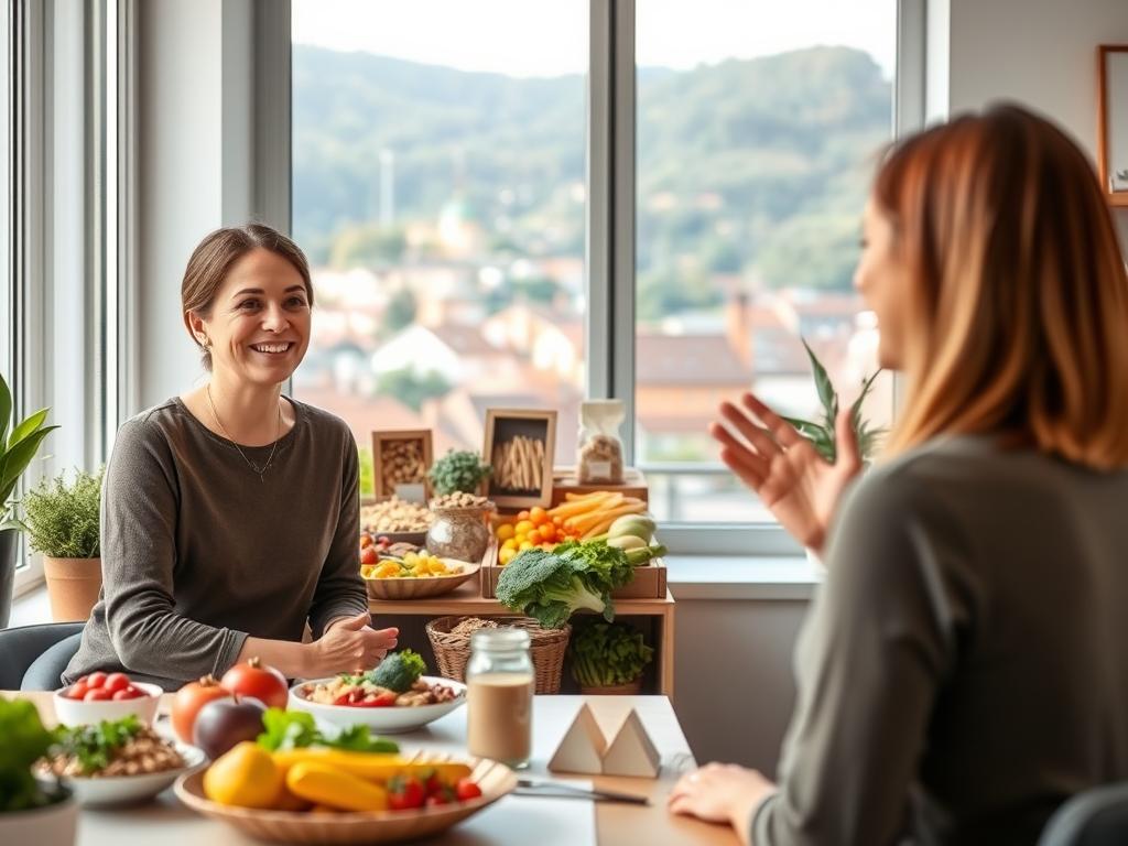 A warm, inviting office setting with a nutritionist in the foreground, sitting at a desk and speaking with a patient. The nutritionist's face is friendly and welcoming, gesturing as they discuss a balanced meal plan. In the middle ground, a display showcases healthy food options, such as fresh produce, whole grains, and lean proteins. The background features a window overlooking a picturesque view of Kempten, the Bavarian town known for its natural beauty. The lighting is soft and natural, creating a calming, professional atmosphere. The overall scene conveys the benefits of personalized nutritional guidance and the path to improved health and wellbeing.
