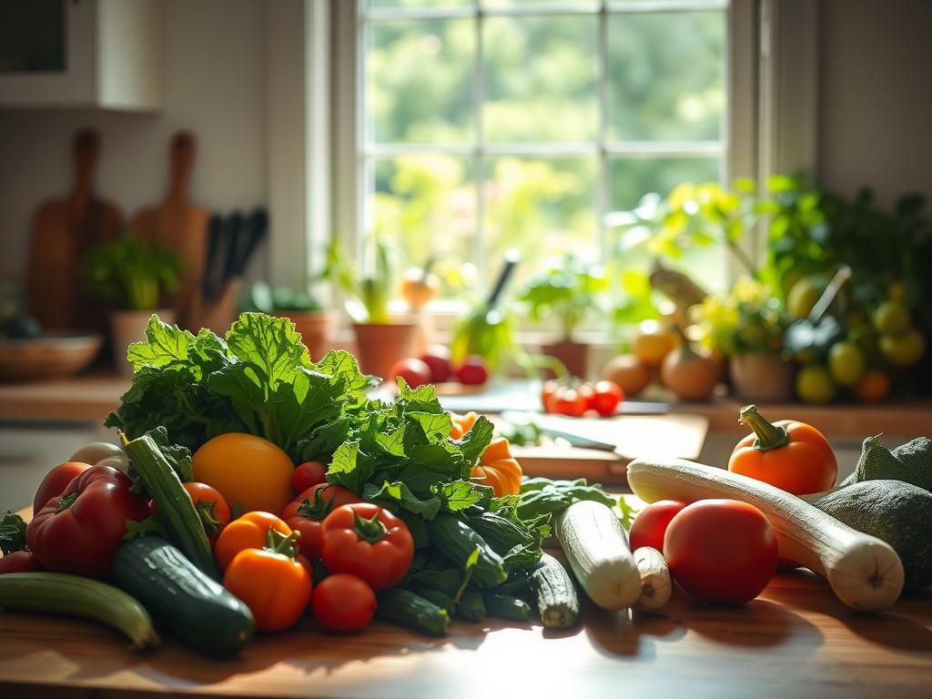 A warm, sun-drenched kitchen counter, adorned with a vibrant array of fresh, organic produce - a bountiful harvest that embodies the essence of sustainable nutrition. In the foreground, an array of locally-sourced vegetables, their vivid hues and textures a testament to their quality. Behind them, a cutting board and culinary tools, signifying the preparation of a nourishing, homemade meal. In the background, a window overlooking a lush, verdant garden, symbolizing the connection between food and the natural world. The soft, diffused lighting casts a gentle glow, creating a serene, inviting atmosphere that captures the peaceful, mindful approach to sustainable eating.
