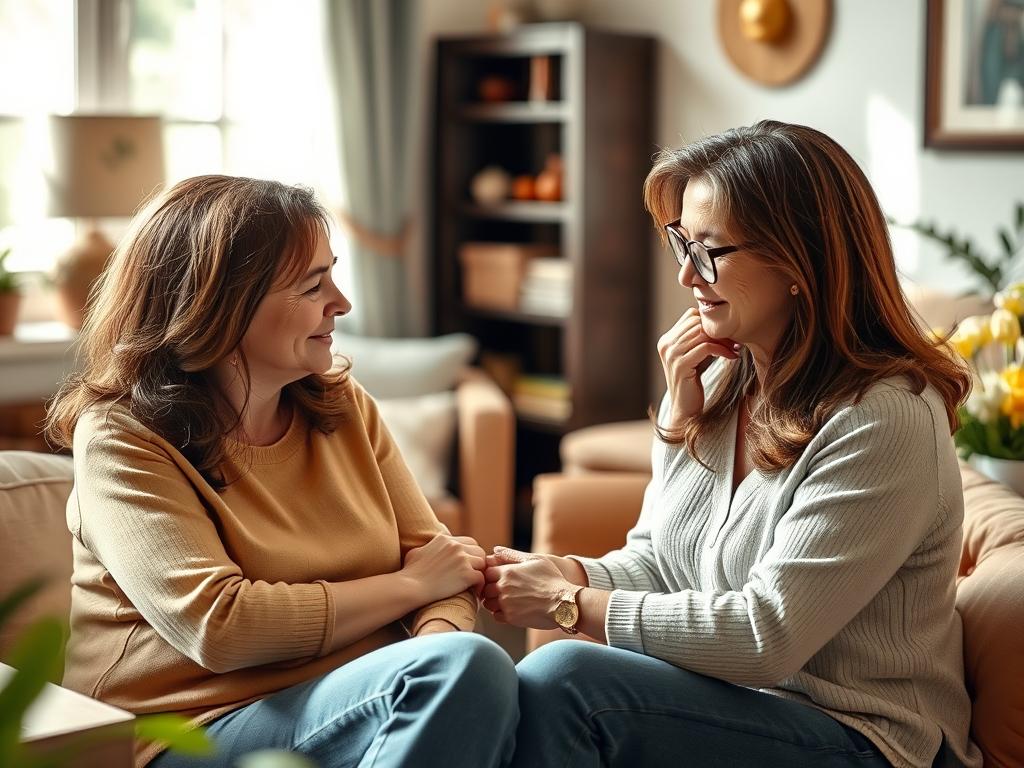 A warm, supportive scene of a person receiving guidance and encouragement from a caring, empathetic counselor or mentor. The foreground shows the two figures sitting comfortably, engaged in a thoughtful discussion, with soft, natural lighting casting a reassuring glow. The background features a cozy, inviting interior with tasteful decor, conveying a sense of safety and trust. The atmosphere is one of understanding, compassion, and the gentle nurturing of healthy habits and self-care strategies to support sustainable weight management.