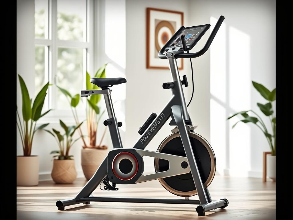 A well-designed home exercise bike stands in a bright, airy room with natural light streaming in. The bike's sleek, modern design features a large, high-resolution display, intuitive controls, and a comfortable, adjustable seat. In the background, potted plants and a tasteful piece of wall art create a relaxing, minimalist atmosphere. The lighting is soft and flattering, highlighting the bike's polished metallic accents. The angle captures the bike at a slight three-quarter view, emphasizing its streamlined profile and sturdy construction. The overall impression is of a high-quality, state-of-the-art fitness equipment piece that would seamlessly integrate into a contemporary home setting.