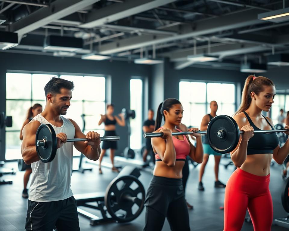 A well-equipped fitness studio showcasing individuals engaged in maximal strength training. In the foreground, a diverse group of fit individuals, wearing professional athletic attire, are performing various exercises: one is lifting a barbell with perfect form, while another is practicing with resistance bands. The middle ground features weightlifting equipment, including benches and free weights, emphasizing a serious training atmosphere. In the background, large windows allow natural light to flood the space, creating an energizing ambiance. The lighting is bright and focused on the athletes, highlighting their determination and strength. The overall mood is one of motivation and empowerment, inspiring viewers to incorporate such strength training into their daily routines.