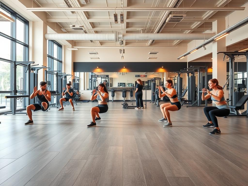 A well-equipped fitness studio with a focus on leg training. The foreground shows a group of people performing squats and lunges on a spacious gym floor, their forms reflecting dedication and determination. The middle ground features a variety of state-of-the-art resistance training equipment, including leg presses, leg curls, and calf raise machines, all in a clean, modern aesthetic. The background showcases a bright, airy space with tall windows, allowing natural light to flood the area and create a motivating atmosphere. The lighting is balanced, with a combination of warm overhead lighting and cooler accent lighting highlighting the various workout stations. The camera angle is slightly elevated, providing a comprehensive view of the dynamic leg-focused training environment.
