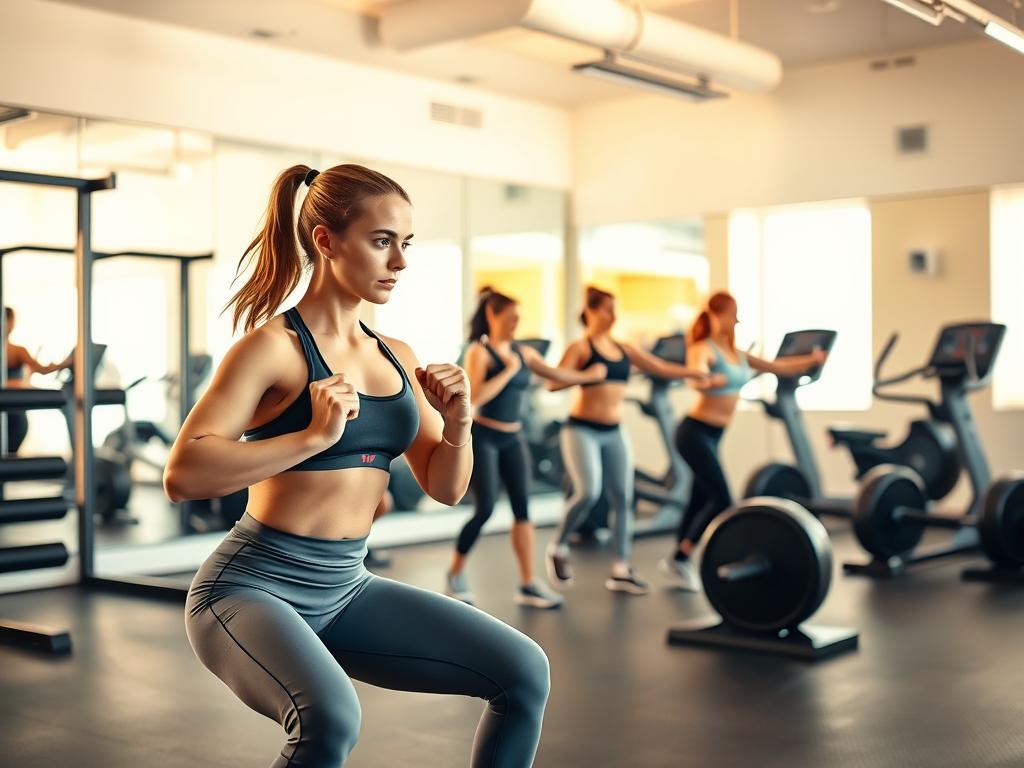 A well-equipped fitness studio with modern equipment and a clean, bright atmosphere. In the foreground, a female athlete in athletic wear performs a compound exercise like a squat or lunge, her form and technique impeccable. In the middle ground, several other women engage in various strength training exercises, each one focused and determined. The background features floor-to-ceiling mirrors, sleek weight racks, and state-of-the-art cardio machines. The lighting is warm and natural, creating an energizing and motivating environment. The overall scene conveys a sense of empowerment, dedication, and a holistic approach to whole-body fitness.