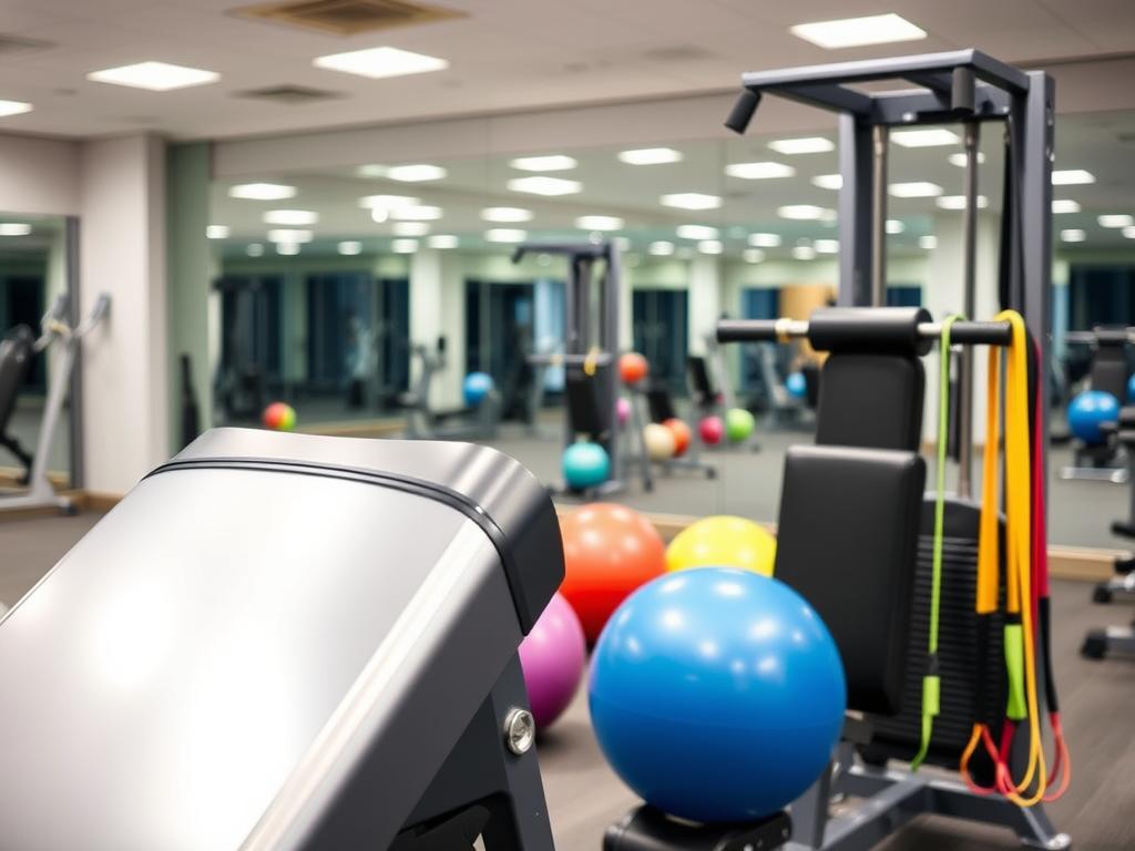 A well-equipped gym interior, with an array of state-of-the-art leg exercise equipment prominently displayed. The foreground features a sleek, modern leg press machine, its polished surface reflecting the overhead lighting. In the middle ground, a group of exercise balls and resistance bands are neatly arranged, inviting users to incorporate them into their leg routines. The background showcases a wall of mirrors, creating a sense of depth and allowing users to monitor their form during the exercises. The overall atmosphere is one of a professional, high-quality fitness studio, with a clean, minimalist aesthetic that inspires confidence and motivation.