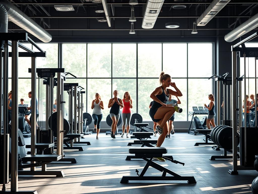 A well-equipped gym interior with diverse leg exercise equipment in the foreground, including squat racks, leg presses, and calf raises. In the middle ground, a group of people performing various leg-focused exercises, their movements conveying focused determination. The background features large windows allowing natural light to flood the space, creating an airy, motivating atmosphere. The lighting is soft and flattering, highlighting the gym's modern, high-end design. The overall scene exudes a sense of productivity and an invitation to engage in an effective leg workout routine.