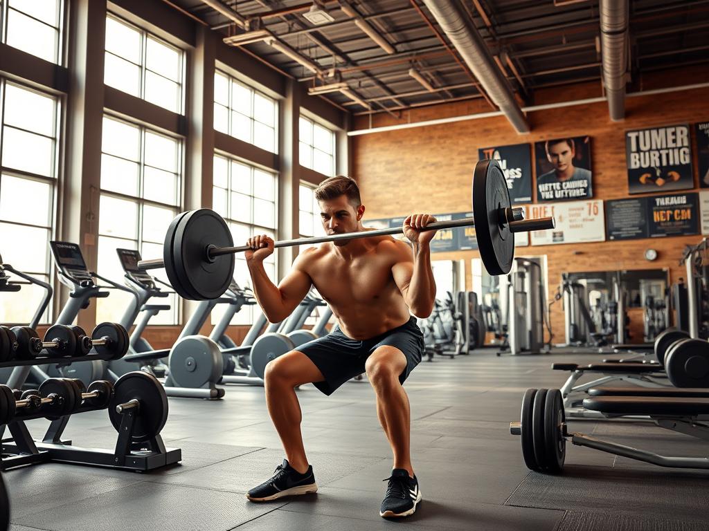 A well-equipped gym with ample natural lighting streaming through large windows. In the foreground, a determined individual performs a deep barbell squat, muscles straining with the effort. The middle ground showcases various weightlifting equipment, including barbells, dumbbells, and benches, all neatly arranged. In the background, a mix of cardio machines and a wall of motivational posters create a focused, energetic atmosphere. The lighting is warm and even, highlighting the dedication and hard work of the exerciser. The overall scene conveys the importance of leg and core strength training for achieving fitness goals.
