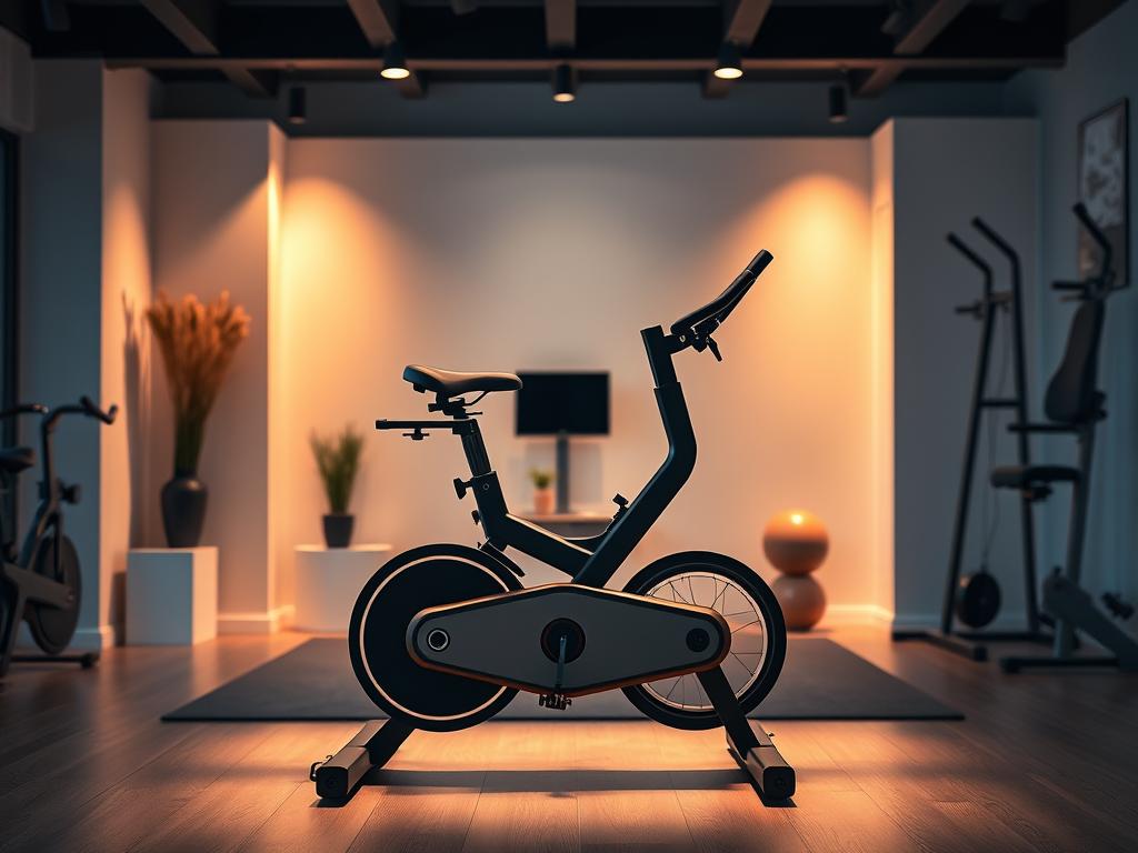 A well-equipped home gym with a sleek, modern ergometer (exercise bike) placed prominently in the center. The ergometer is illuminated by soft, warm lighting, casting a gentle glow on the surroundings. The background features minimalist decor, with clean lines and neutral colors, creating a serene and focused atmosphere. The ergometer is positioned in the foreground, inviting the viewer to imagine themselves pedaling away, working towards their fitness goals. The overall scene conveys a sense of dedication, discipline, and the daily routine of using the ergometer to achieve effective weight loss.