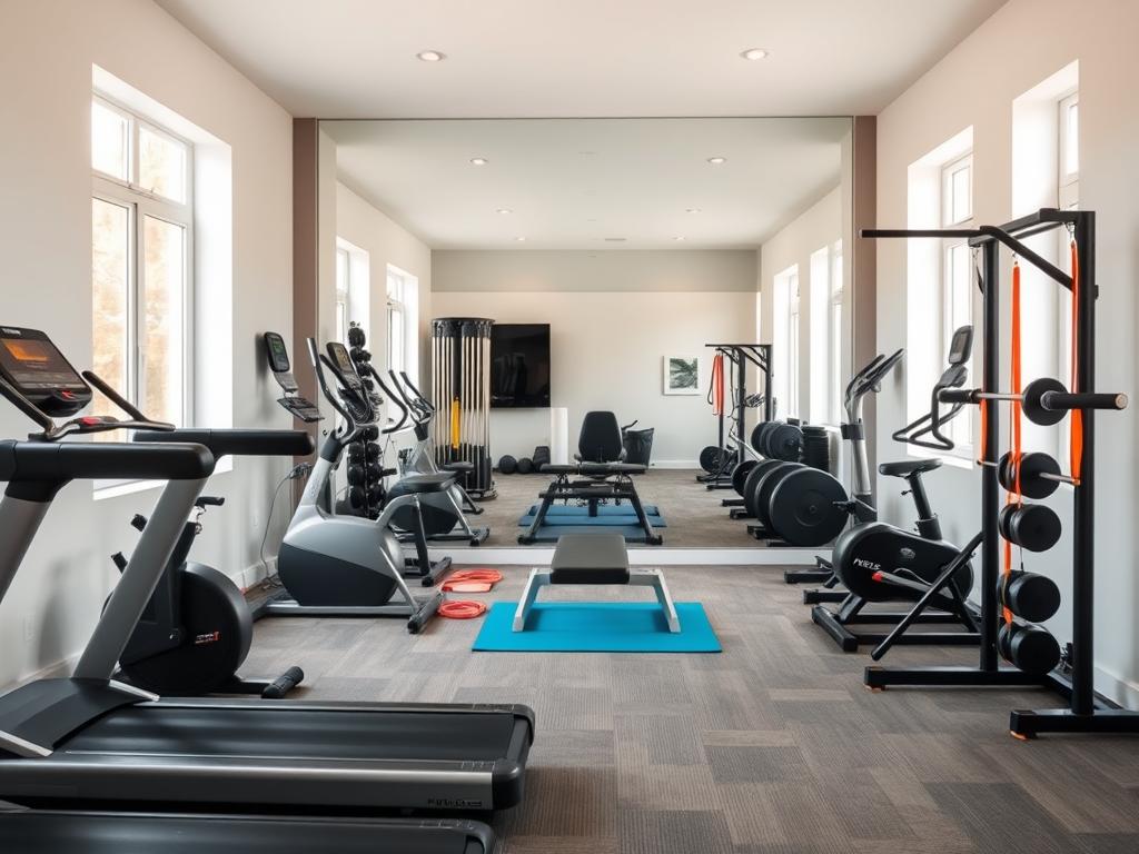 A well-equipped home gym with a variety of modern fitness equipment arranged in a bright, airy space. In the foreground, a high-quality treadmill, exercise bike, and weight rack are neatly organized. The middle ground features a sleek weight bench, resistance bands, and a yoga mat. In the background, a large mirror reflects the scene, creating an illusion of depth. The lighting is natural, streaming in through large windows, casting a warm, energizing glow. The overall atmosphere is motivating and inviting, encouraging a productive and enjoyable workout experience.