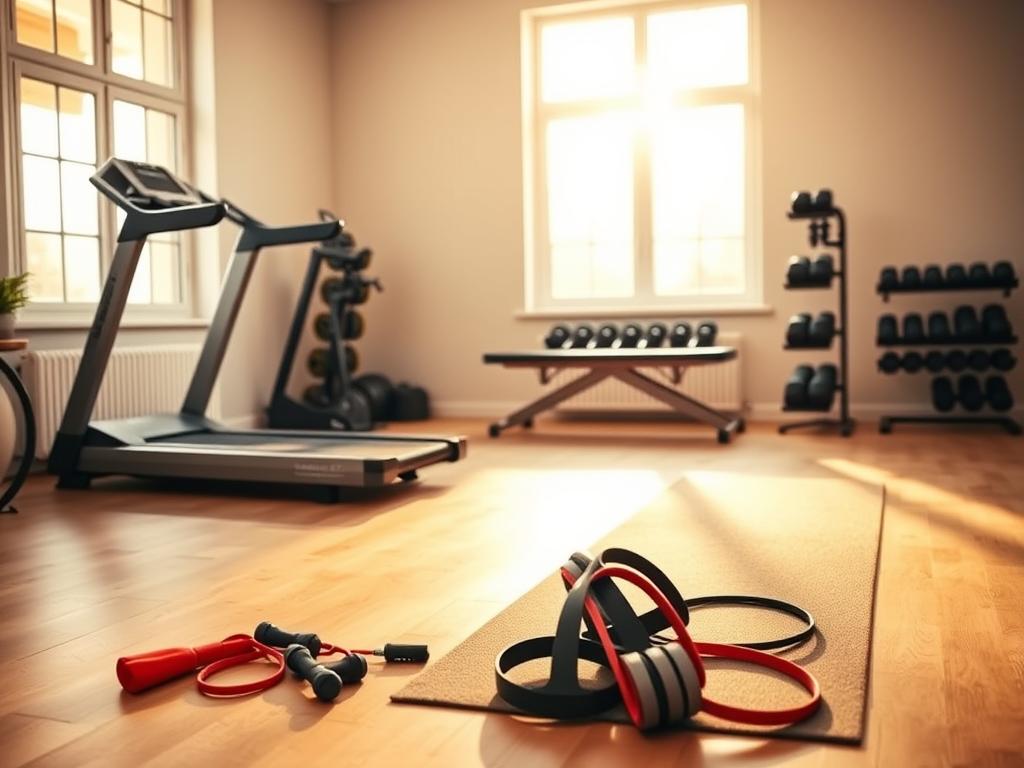A well-equipped home gym with an array of high-quality fitness equipment: a sleek treadmill, a sturdy weight bench, a set of dumbbells neatly arranged, and a yoga mat rolled out on the floor. Warm, natural lighting from large windows casts a soft glow, creating a welcoming and motivating atmosphere. The room is minimalist yet functional, with clean lines and a neutral color palette that exudes a sense of balance and focus. In the foreground, a selection of fitness accessories, such as resistance bands and a jump rope, are strategically placed, hinting at the versatility of the home gym setup. The overall scene conveys the importance of having the right fitness gear to support an optimal workout routine.