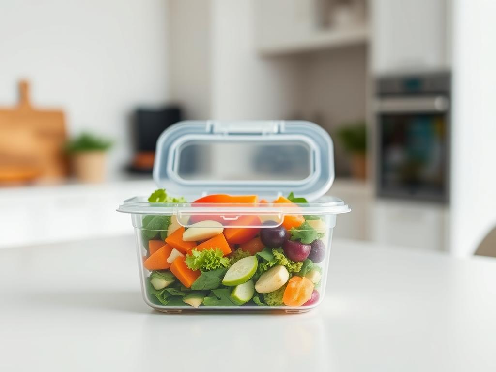 A well-lit, close-up photograph of a meal prep container filled with a variety of fresh, nutritious ingredients. The container has a clear, airtight lid, showcasing the colorful and balanced meal inside. In the foreground, the container is placed on a clean, minimalist white table or counter, creating a sense of simplicity and cleanliness. The background is slightly blurred, but hints at a modern, organized kitchen setting with neutral tones. The overall mood is one of efficiency, health-consciousness, and a positive, aspirational lifestyle associated with the prepmymeal brand.