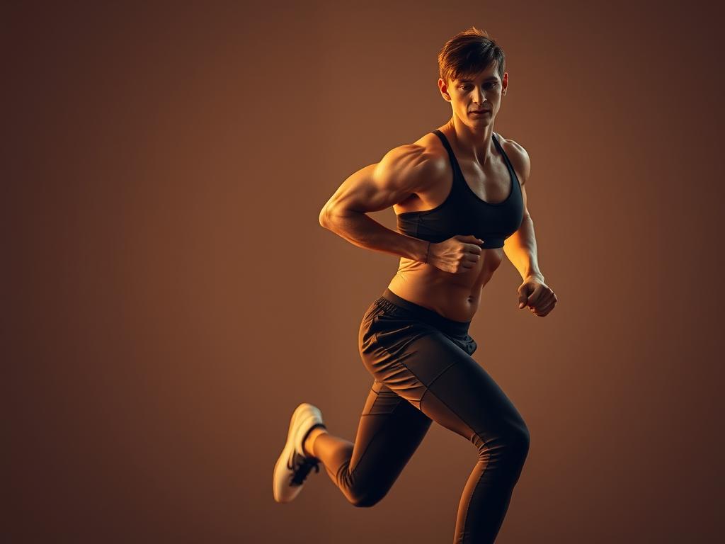 A well-lit, dynamic scene of a fit, athletic individual engaged in a vigorous cardio workout. The subject is depicted in the foreground, clad in form-fitting athletic attire, executing high-intensity movements like jumping jacks or burpees against a blurred, neutral background. Warm, golden lighting creates a sense of energy and vitality, with the figure's muscles visibly engaged and perspiration glistening on their skin. The composition emphasizes the subject's power, agility, and dedication to their fitness routine, capturing the essence of an effective, high-intensity cardio training session.