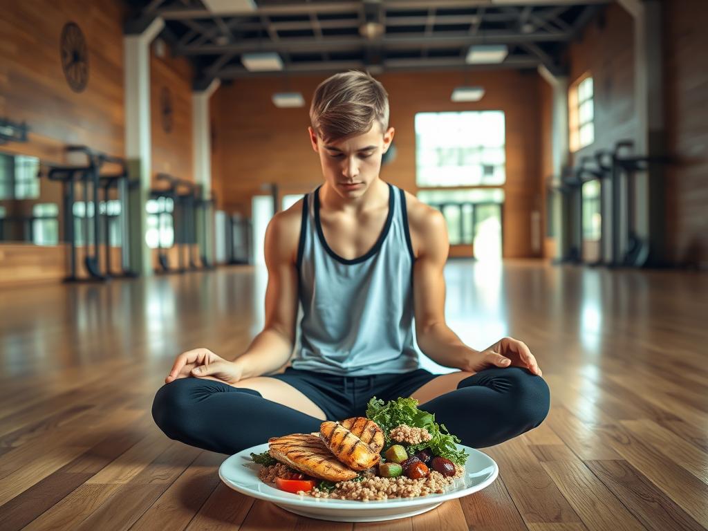 A well-lit gymnasium interior with wooden floors, floor-to-ceiling mirrors, and exercise equipment in the background. In the foreground, a young athlete in athletic wear is sitting cross-legged, studying a healthy meal of grilled chicken, vegetables, and whole grains on a plate in front of them. The lighting is soft and natural, creating a serene, focused atmosphere. The overall scene conveys the harmonious integration of sport, nutrition, and healthy living.
