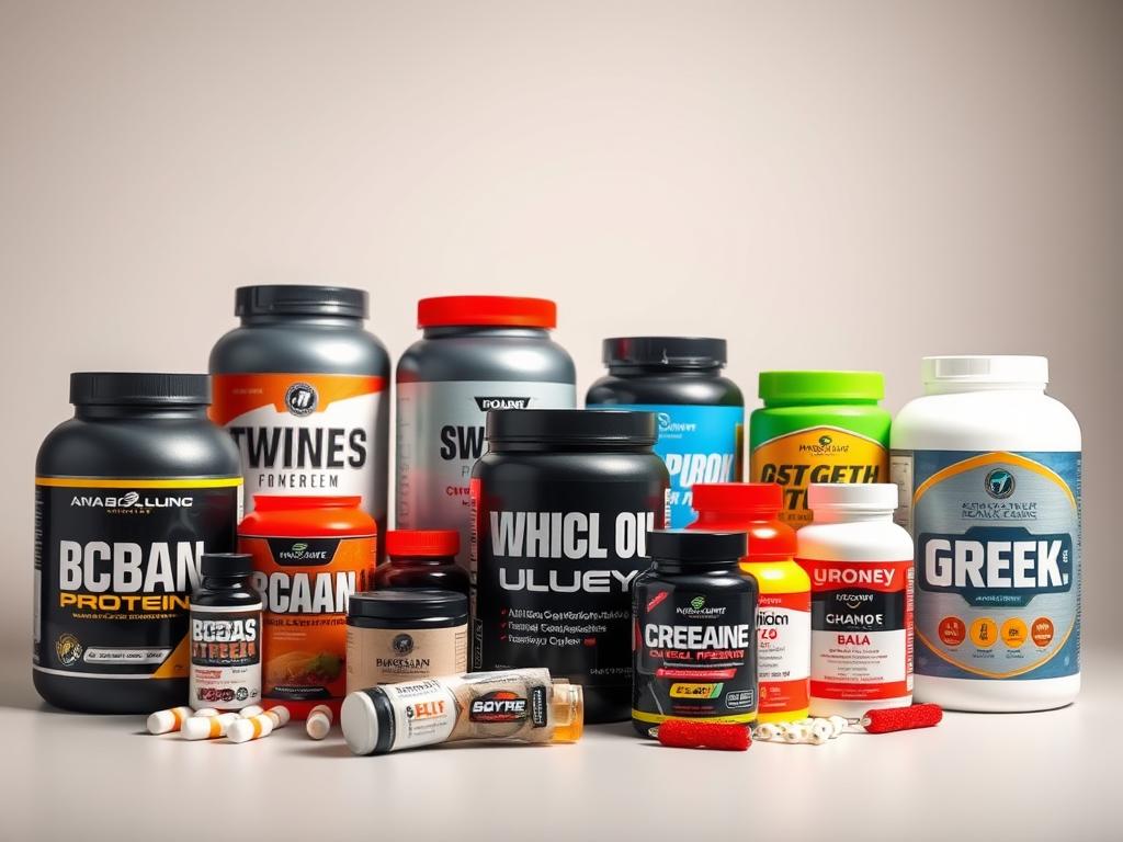 A well-lit, high-quality product shot of an assortment of anabolic diet supplements, including protein powder, BCAAs, creatine, and multivitamins, displayed on a clean, neutral-colored backdrop. The supplements are arranged in an organized, visually appealing manner, showcasing their branding and packaging. The lighting is soft and even, creating a professional, premium aesthetic. The camera angle is slightly elevated, providing a clear, unobstructed view of the products. The overall mood is one of quality, efficacy, and scientific-backed nutrition to support a successful anabolic diet.