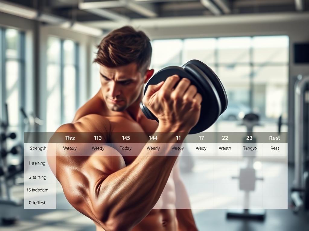 A well-lit, high-resolution image depicting the ideal frequency of weight training for muscle building. In the foreground, a muscular person performing a dumbbell curl exercise with focused intensity. The middle ground shows a weekly training schedule, with different days highlighted for strength training, cardio, and rest. The background features a clean, minimalist gym setting with modern equipment and natural lighting filtering through large windows. The overall atmosphere conveys a sense of dedication, discipline, and balance in an effective muscle-building regimen.