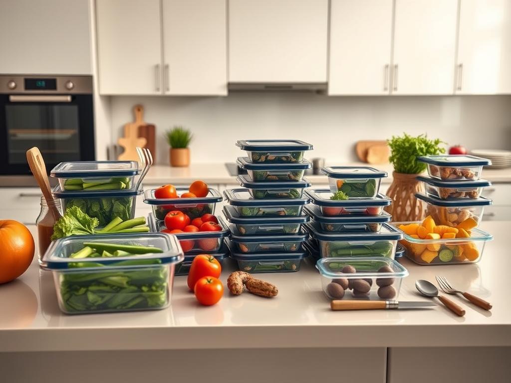 A well-lit, high-resolution image of a modern kitchen counter with various meal prep containers, utensils, and fresh ingredients arranged in an organized, aesthetically pleasing manner. The counter is made of a sleek, light-colored material, and the background features clean, minimalist cabinetry and appliances. The lighting is soft and diffused, creating a warm, inviting atmosphere. The overall scene conveys a sense of efficiency, practicality, and attention to detail - reflecting the "prepmymeal" service's approach to meal planning and preparation.