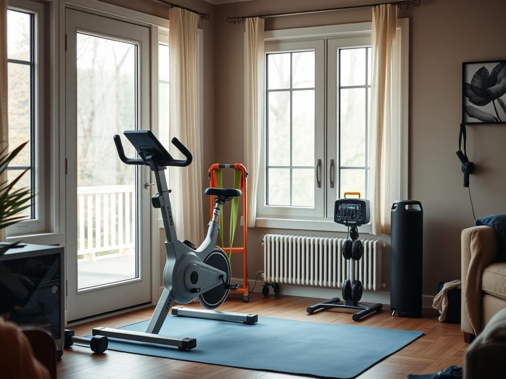 A well-lit home gym setup with a variety of compact and versatile fitness equipment, including a stationary bike, a set of resistance bands, a yoga mat, and a pair of dumbbells. The equipment is arranged in a cozy, inviting space with large windows that let in natural light, creating a warm and motivating atmosphere. The scene captures the seamless integration of exercise equipment into a comfortable living environment, encouraging a consistent and sustainable fitness routine.