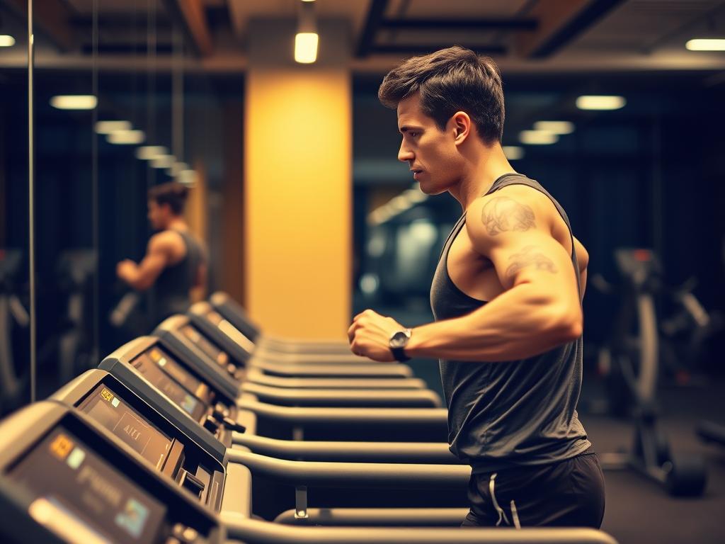 A well-lit indoor gym scene, with a person performing cardio exercises on a treadmill against a backdrop of mirrored walls and exercise equipment. The person's movements are captured in a dynamic, action-oriented pose, their face and upper body visible, conveying a sense of intense focus and determination. The lighting is warm and diffused, creating a motivating and energetic atmosphere. The overall composition emphasizes the subject's physical effort and the benefits of cardiovascular exercise for fat-burning and weight loss.