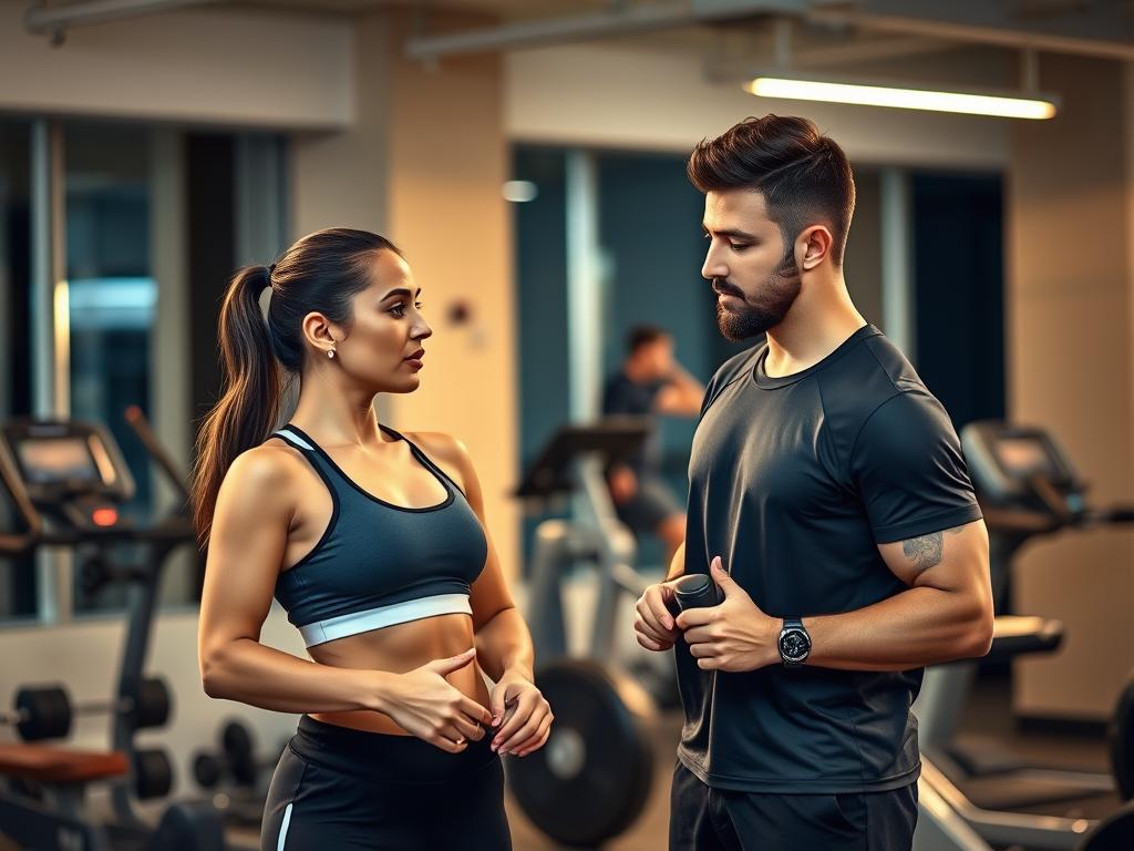 A well-lit indoor gym setting, with a personal trainer guiding a motivated client through a focused workout routine. The client, dressed in athletic attire, is engaged and determined, while the trainer, standing nearby, provides encouragement and expert guidance. Soft, warm lighting illuminates the scene, creating an atmosphere of productivity and personal growth. The background features modern fitness equipment, including free weights, a treadmill, and other exercise machines, suggesting a professional, well-equipped training environment. The composition emphasizes the collaborative nature of the session, with the trainer and client working together towards the client's fitness goals.