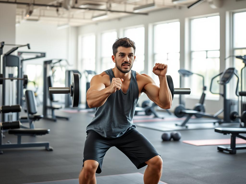 A well-lit, inviting gym interior with a central focus on a determined individual engaged in strength training. The foreground features the person performing squats or deadlifts with proper form, muscles engaged, face expressing dedication. The middle ground showcases various fitness equipment like free weights, exercise machines, and yoga mats, arranged in a spacious, organized layout. The background depicts large windows letting in natural light, creating a bright, energetic atmosphere. The overall scene conveys the importance of regular, disciplined exercise for physical and mental well-being.