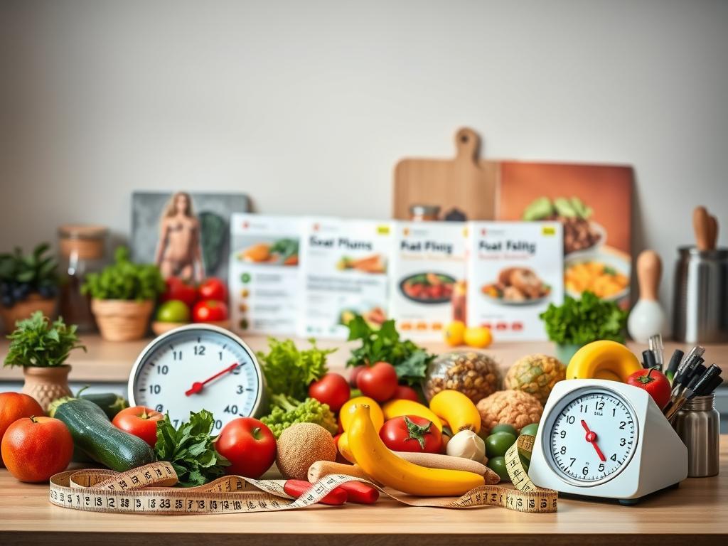 A well-lit kitchen counter displaying an array of healthy food items, including fresh fruits, vegetables, and lean protein sources. In the foreground, a scale and a measuring tape symbolize the focus on weight loss and body composition. The middle ground showcases various diet plans and nutritional guides, hinting at the different approaches to achieving a slimmer physique. The background features a calming, neutral-toned wall, creating a serene and focused atmosphere. The overall scene conveys a sense of balance, discipline, and a thoughtful approach to weight management, reflecting the "Häufige Fehler bei Diäten und wie Sie sie vermeiden" section of the article.