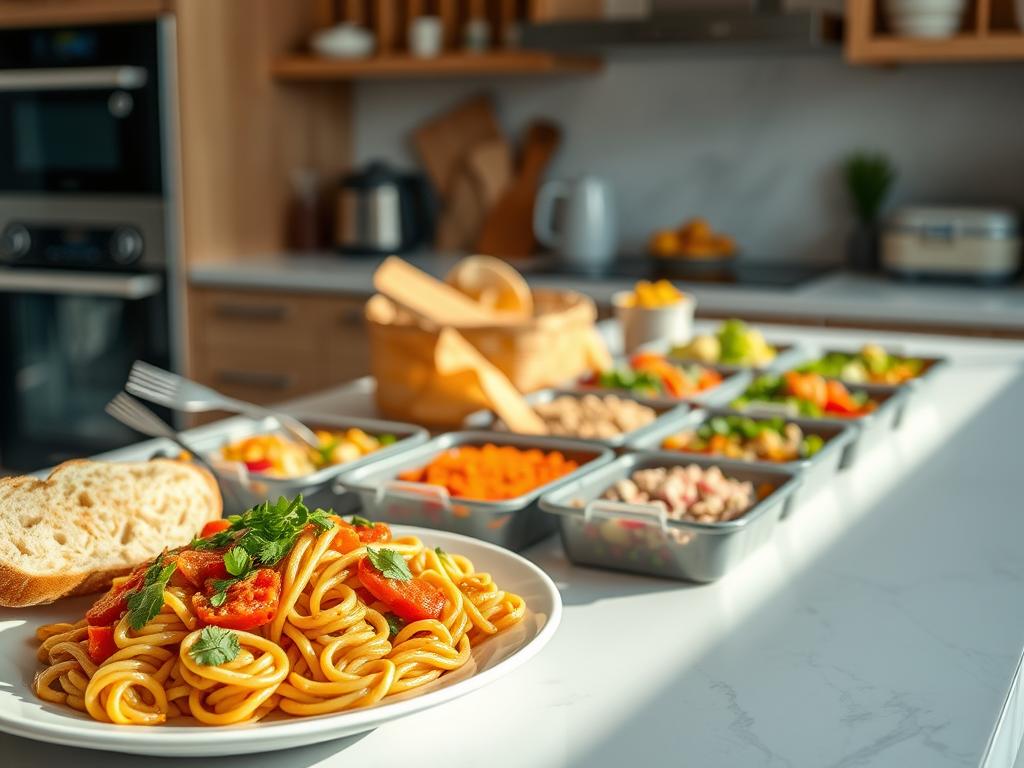 A well-lit kitchen countertop showcases a selection of quick and easy-to-prepare ready meals. In the foreground, a steaming plate of pasta dish with fresh herbs and a side of warm crusty bread. In the middle ground, a variety of colorful vegetable-based meals in recyclable containers, ready to be heated and served. The background features modern kitchen appliances and accessories, creating a warm, inviting atmosphere. The lighting is natural and soft, highlighting the vibrant colors and textures of the high-quality, nutritious ingredients. The overall scene conveys a sense of convenience, health, and culinary delight.