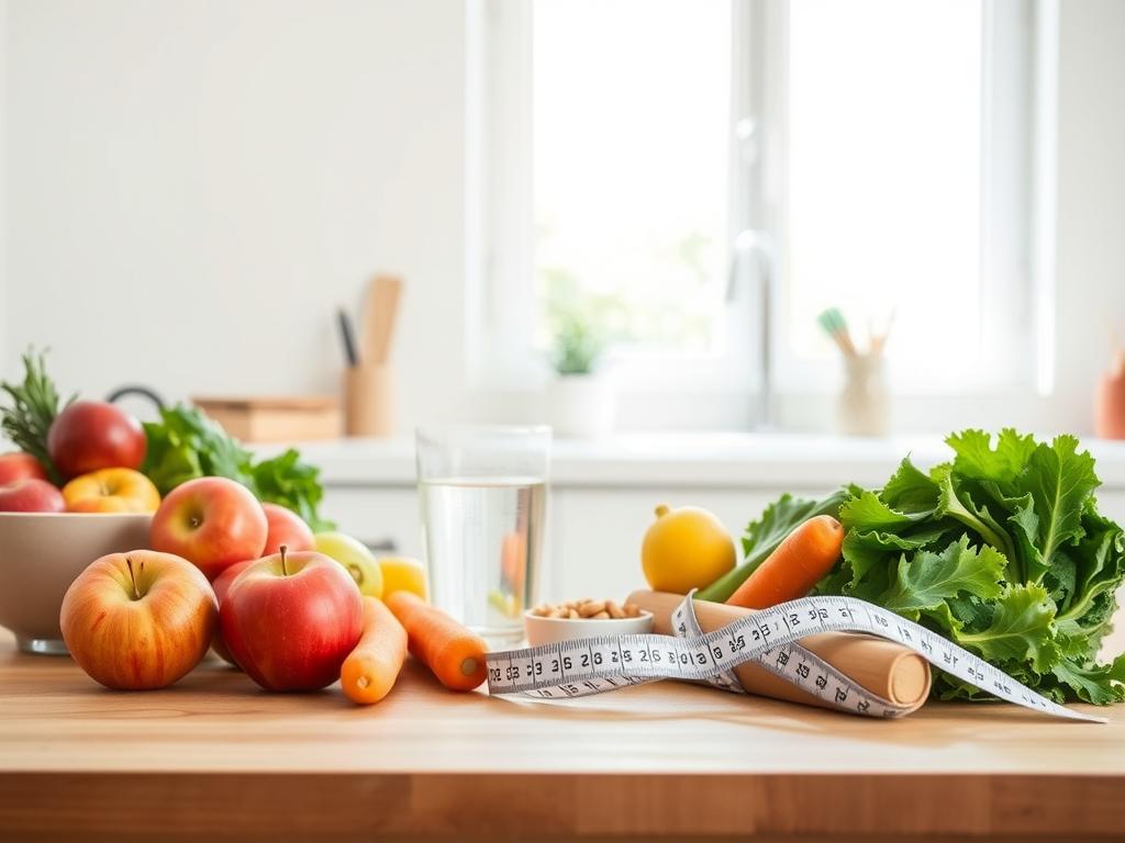 A well-lit, minimalist kitchen setting with healthy food options arranged neatly on a wooden table. In the foreground, a variety of fresh fruits and vegetables, such as apples, carrots, and leafy greens, are displayed in an appetizing manner. In the middle ground, a glass of water and a small bowl of nuts or seeds sit alongside a measuring tape, symbolizing the importance of portion control and balance in a successful diet. The background features a clean, bright window, allowing natural light to flood the scene and create a sense of airiness and vitality. The overall atmosphere conveys a feeling of simplicity, discipline, and a commitment to a healthy lifestyle.