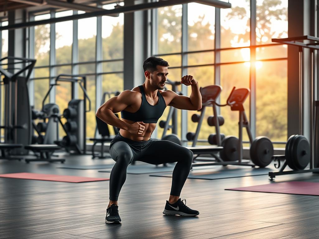 A well-lit, modern gymnasium interior with sleek, high-tech fitness equipment. In the foreground, a determined individual performs squats with perfect form, their muscles rippling under skin-tight athletic wear. The middle ground showcases a range of resistance training machines, free weights, and yoga mats, all arranged in a visually appealing layout. The background features large windows overlooking a verdant, natural landscape, bathed in warm, golden sunlight filtering through. The overall atmosphere exudes a sense of motivation, focus, and a pursuit of physical excellence.