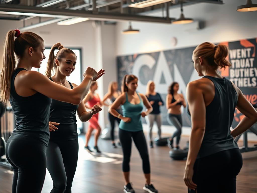 A well-lit, modern women's fitness studio interior. In the foreground, two female personal trainers, one demonstrating an exercise technique to a client, the other observing attentively. Warm, natural lighting illuminates the scene, highlighting the trainers' expertise and the clients' engagement. The middle ground features a group of women of diverse ages and body types, working out with enthusiasm. The background showcases state-of-the-art fitness equipment and motivational wall graphics, creating an atmosphere of empowerment and progress. The overall mood is positive, supportive, and encouraging, reflecting the important role of the trainers in the women's fitness journey.