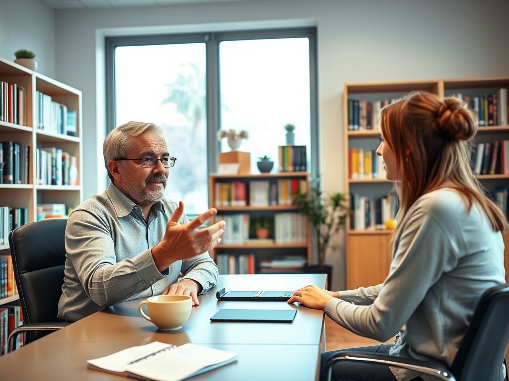 A well-lit office interior with a middle-aged male nutritional consultant sitting at a desk, his hands gesturing as he explains something to a young woman seated across from him. The walls are lined with shelves of health and nutrition books, and a large window behind the desk provides natural lighting. The consultant has an approachable, professional demeanor, while the woman listens intently, leaning forward. The overall mood is one of trust, expertise, and a collaborative approach to health and wellness.