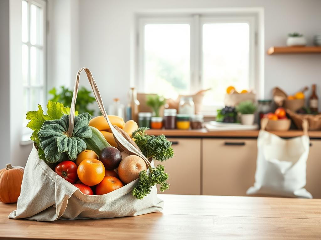 A well-lit scene showcasing sustainable food consumption practices. In the foreground, a reusable shopping bag overflows with an assortment of fresh, organic produce - vibrant fruits and vegetables in earthy tones. In the middle ground, a wooden kitchen counter displays an array of sustainable food packaging, including glass jars, cloth produce bags, and reusable containers. The background features a large window, allowing natural light to flood the space and creating a warm, welcoming atmosphere. The overall mood is one of mindfulness, harmony, and a commitment to eco-friendly living.