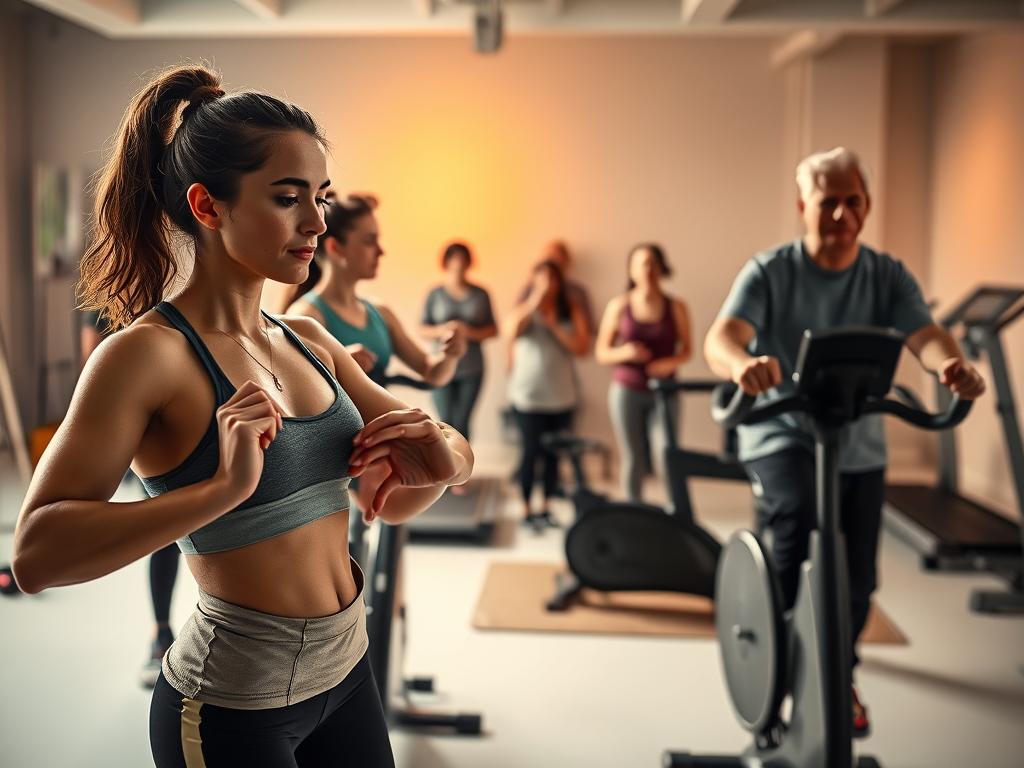 A well-lit studio scene showcasing a group of diverse individuals engaged in various weight loss activities. In the foreground, a young woman in athletic wear performs high-intensity interval training exercises, her expression determined. To the side, an older gentleman focuses intently on a stationary bicycle, sweat glistening on his brow. In the middle ground, a small group of people participates in a guided meditation session, their postures relaxed and serene. The background features an array of weight-loss equipment, including resistance bands, dumbbells, and a treadmill, all bathed in a soft, warm lighting that creates a sense of encouragement and empowerment. The overall atmosphere is one of focused, collective effort towards achieving healthier lifestyles.