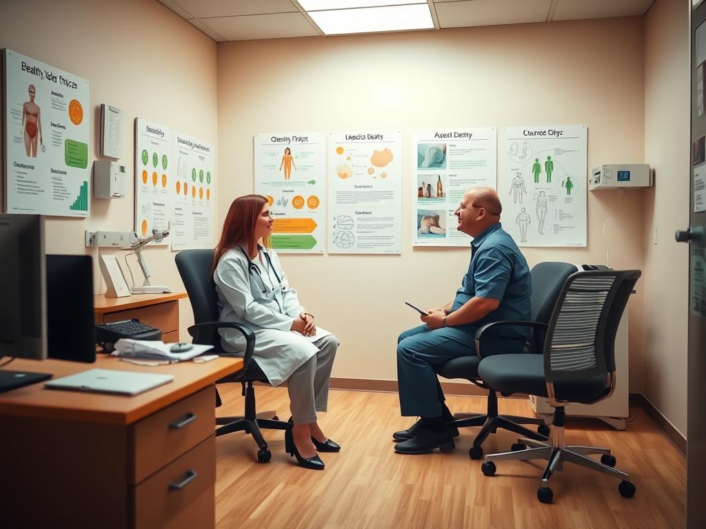 A well-lit, warm-toned medical consultation room with a desk, chairs, and medical equipment in the foreground. In the middle ground, a doctor and a patient in a casual but professional discussion, their body language conveying an atmosphere of trust and understanding. The background features educational charts and diagrams related to obesity and healthy lifestyle choices. The lighting is soft and comforting, creating a calm, reassuring environment for the consultation process.